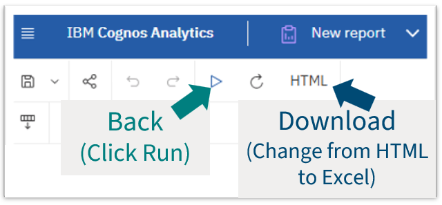 Click the Run button in Cognos to return to the previous screen. To download, change the output from HTML to Excel.